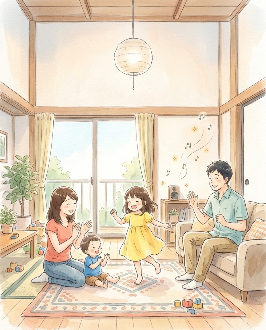 帰国後、家で家族4人が英語の歌をいっしょに歌っているイラスト