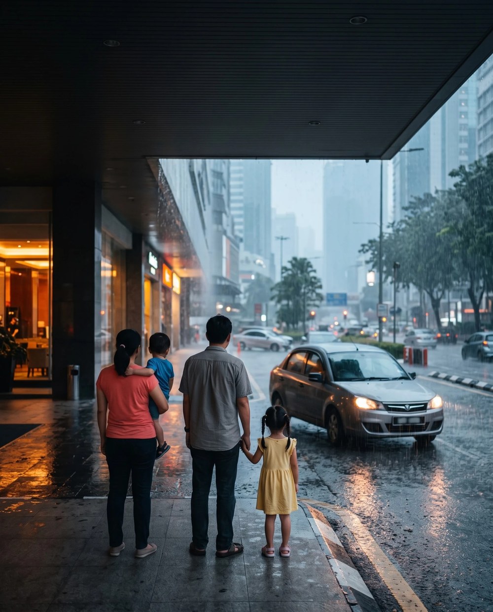 午後の急な雨の中、建物の軒下でタクシーを待つ家族