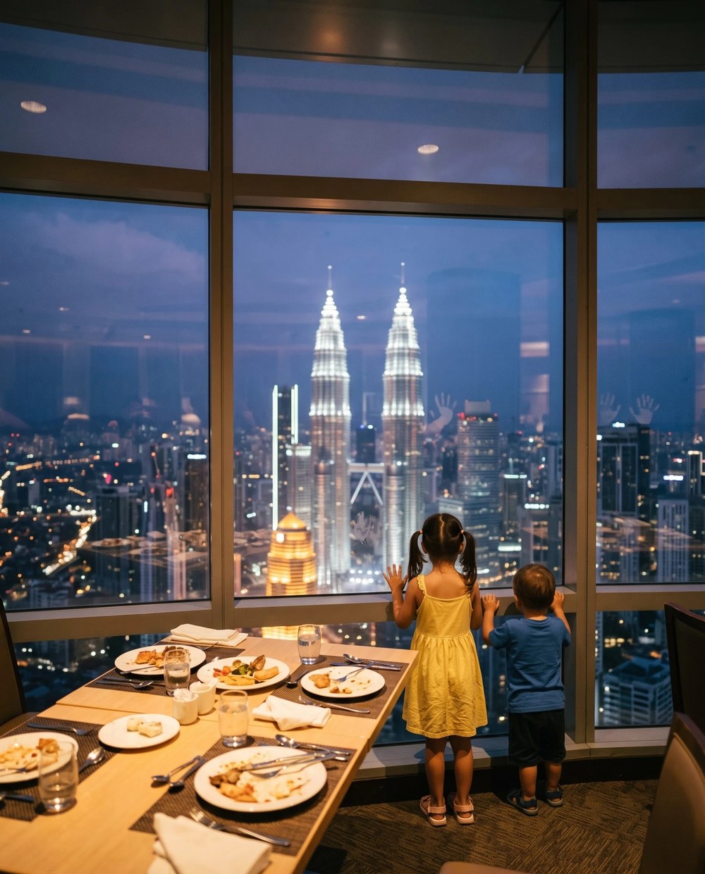KLタワーの回転レストランで、窓の外の夜景を見る子どもたち