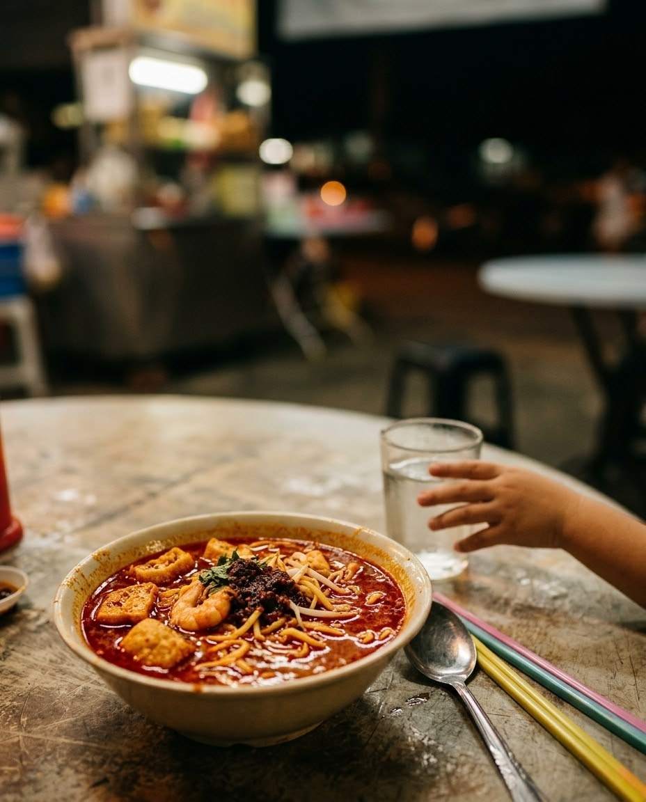 屋台のテーブルに置かれた、赤いスープのローカル麺