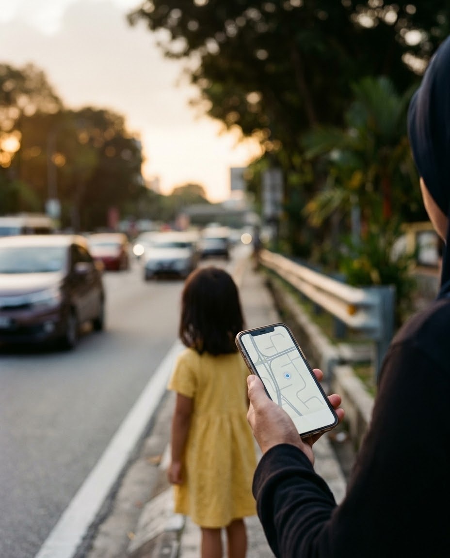道路わきで、スマートフォンを見ながら車を待つ人の手元
