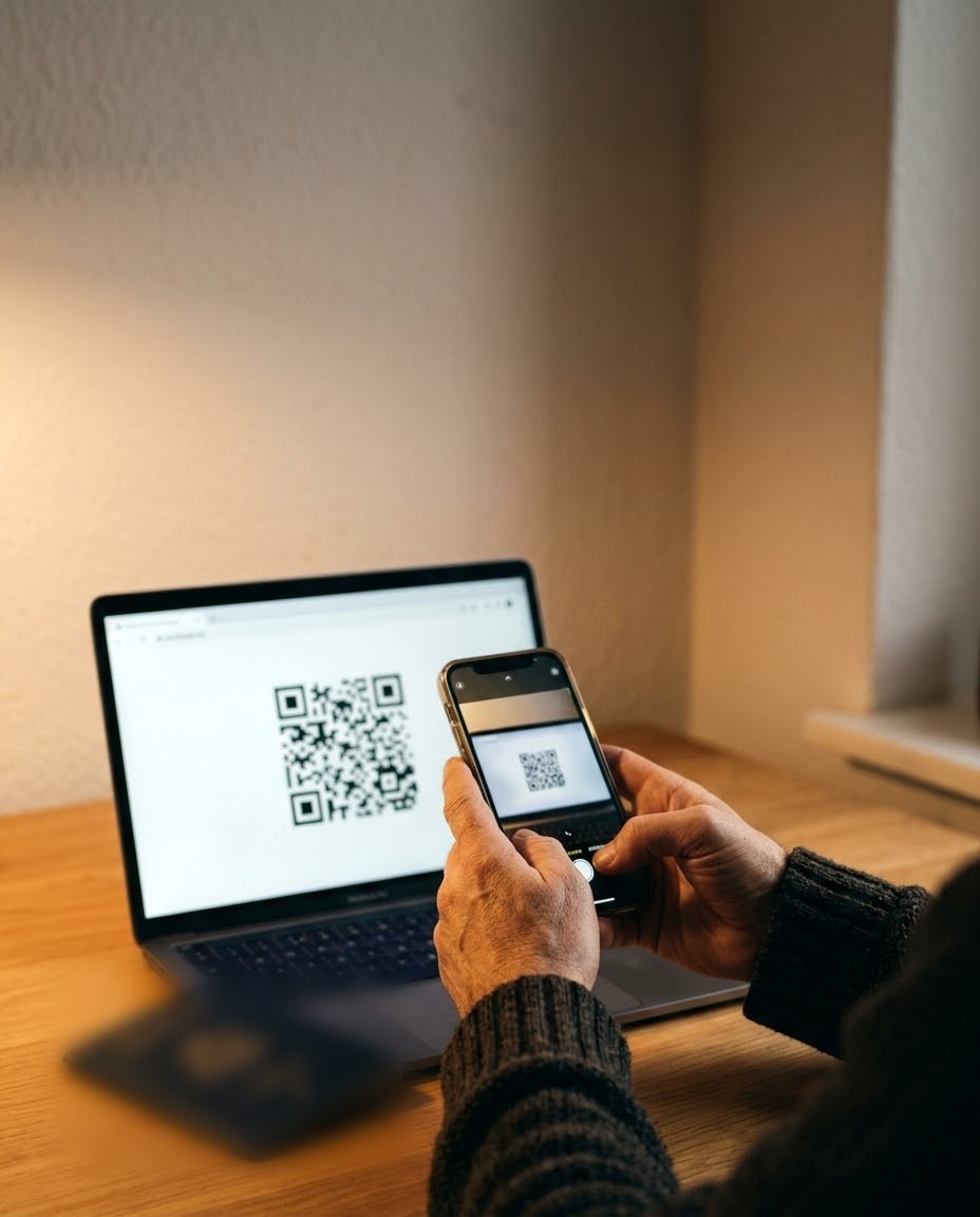 ノートパソコンの画面のQRコードを、スマートフォンで読み取る手