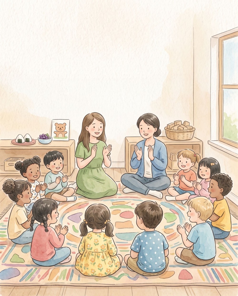 プリスクールの教室で、先生と子どもたちが輪になって座っているイラスト