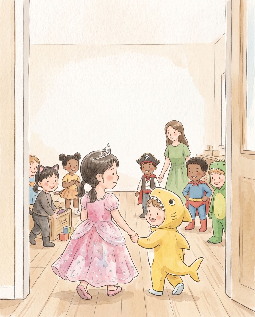 なりきりの日に、プリンセスドレスの女の子とサメの衣装の男の子が教室に入っていくイラスト