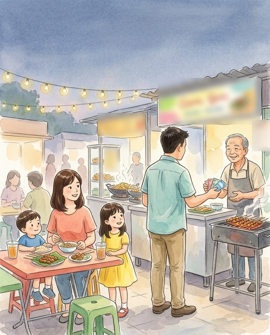 ホーカー（屋台街）で現金を払う家族のイラスト