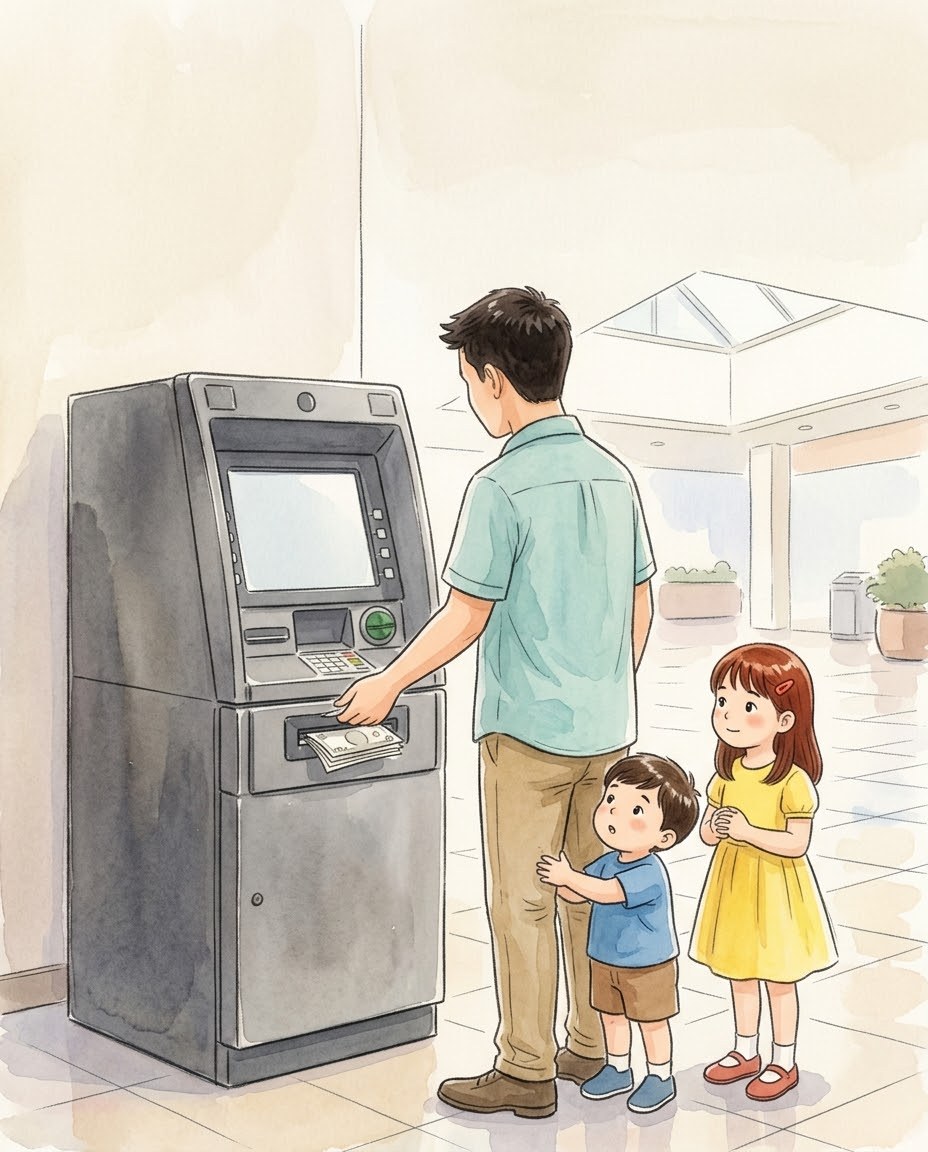 ショッピングモールのATMで現金を引き出す父親のイラスト